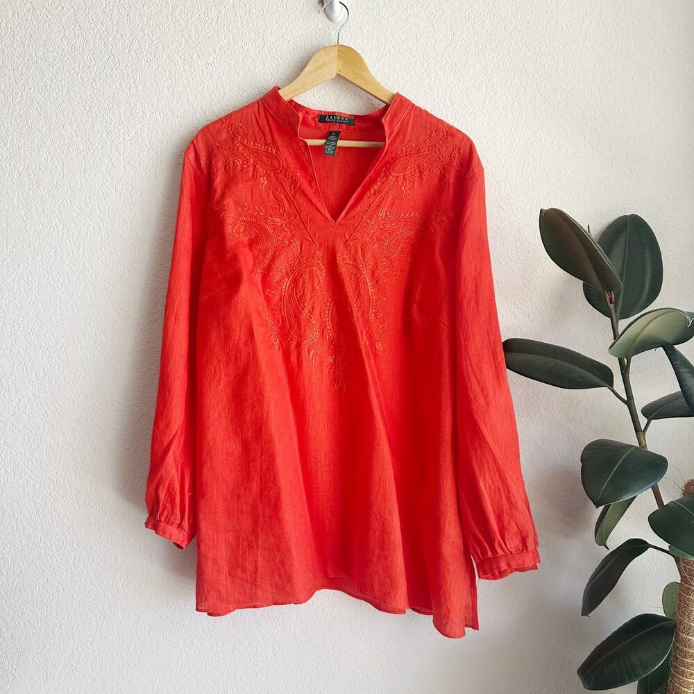 Ralph Lauren 100% Linen Embroidered Tunic Top 2X Popover Long Sleeve Orange Boho